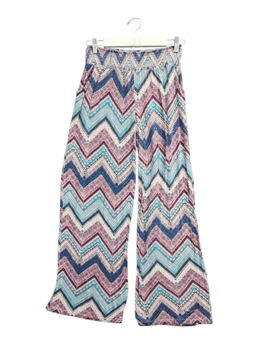 Chevron Wide Leg Palazzo Pants Teal Purple Boho Flowy Sz L | Resort Vacation Bea - Picture 2 of 13
